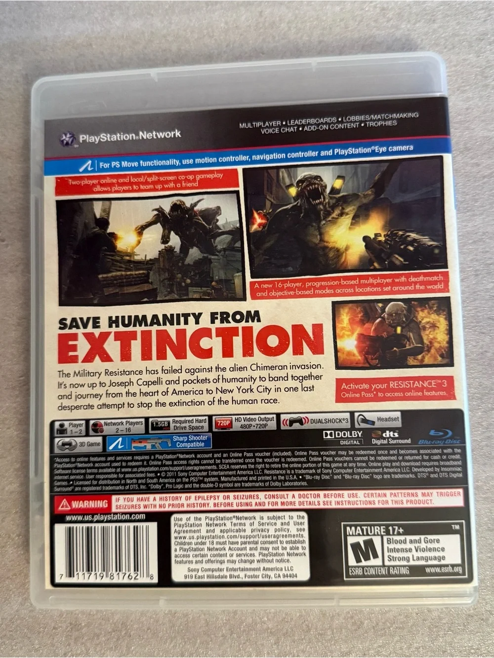 Sony PS3 Resistance 3 Video Game/Case/Manual